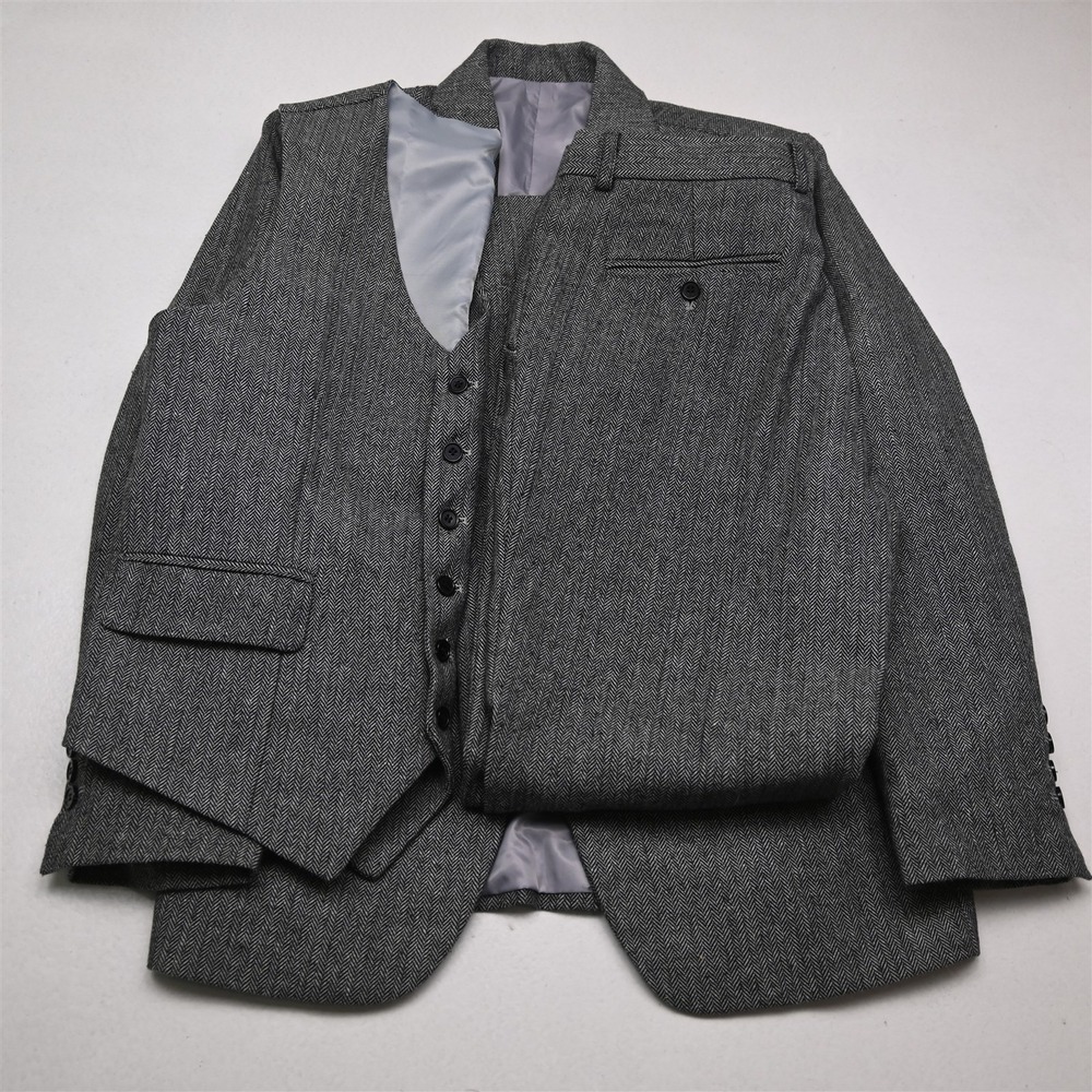 Bespoke 38R 34x32 Gray Herringbone‎ Tweed 3 Piece Mens Jacket Pants Suit